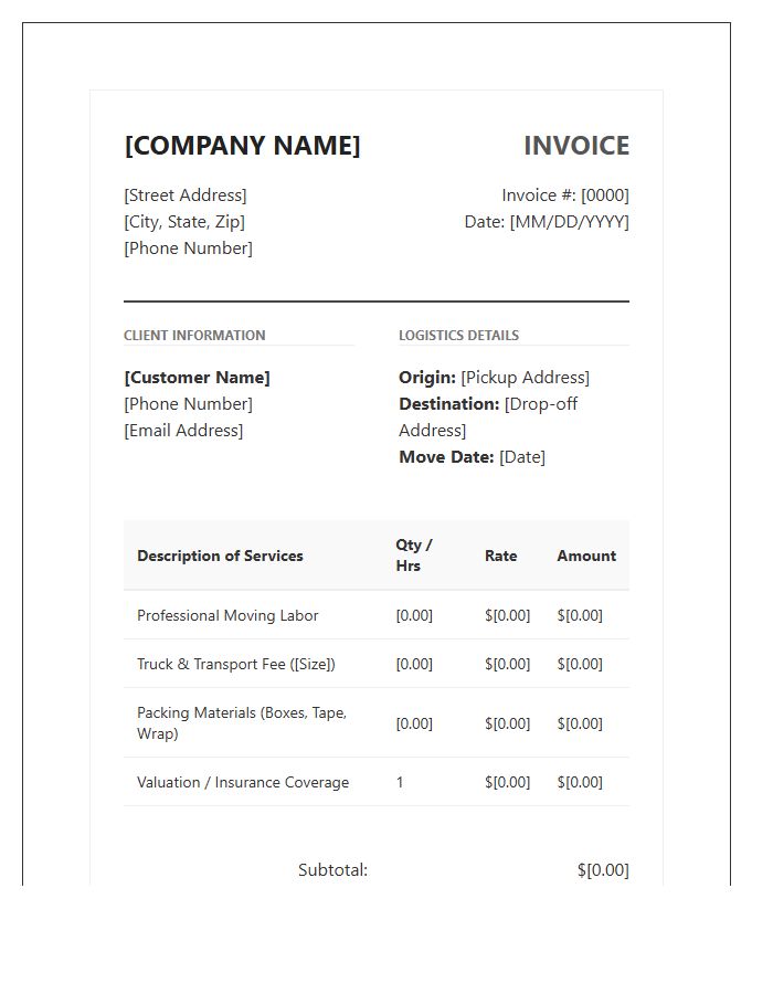 Professional Moving Logistics Invoice Template