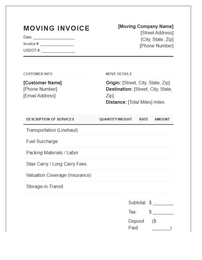 Residential Long Distance Moving Invoice Template