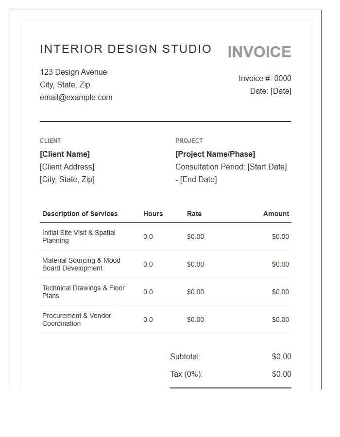 Hourly Interior Design Consultation Invoice Template