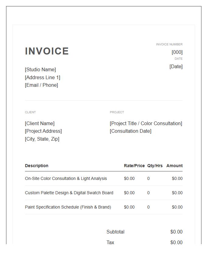 Interior Design Color Consultation Invoice Template