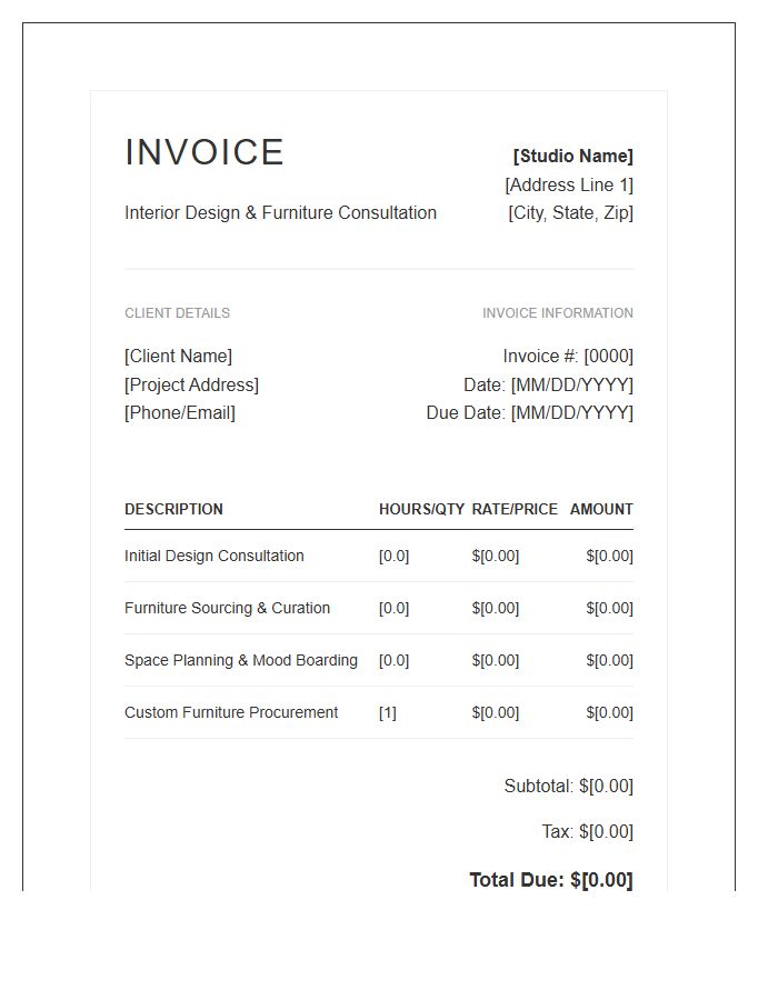 Interior Design Furniture Consultation Invoice Template