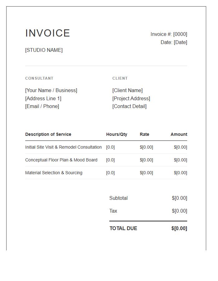 Interior Design Remodel Consultation Invoice Template