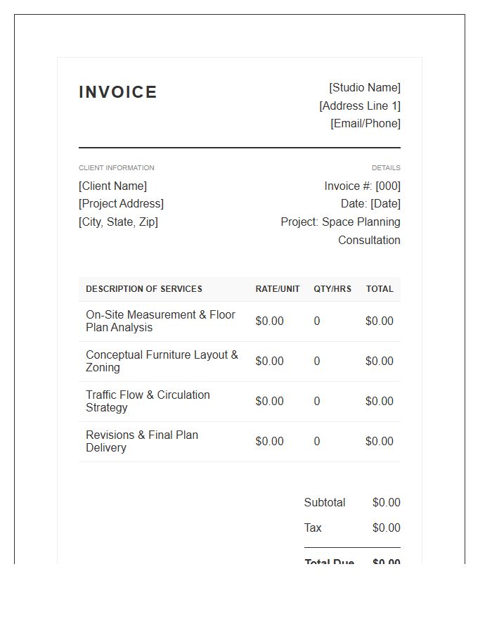 Interior Design Space Planning Consultation Invoice Template