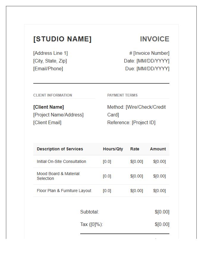 Professional Interior Design Consultation Invoice Template