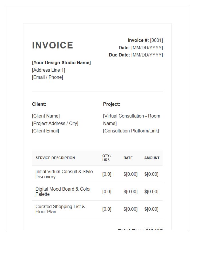 Virtual Interior Design Consultation Invoice Template
