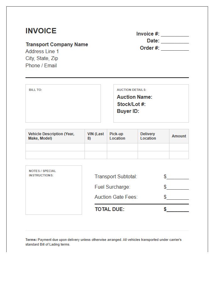Auction Vehicle Transport Invoice Template