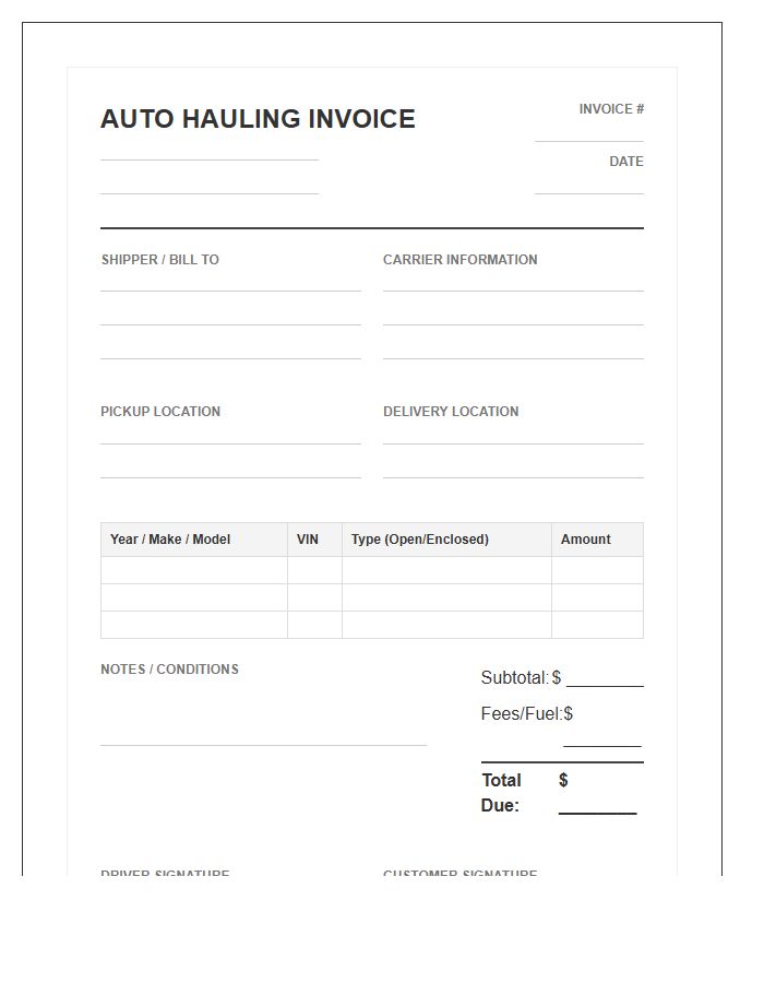 Classic Auto Hauling Invoice Template