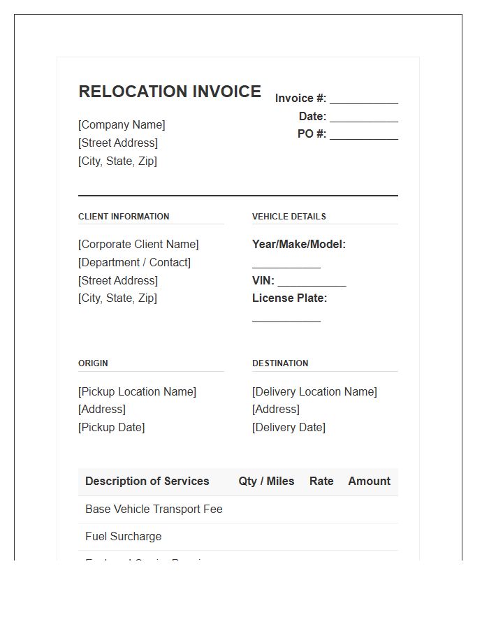 Corporate Vehicle Relocation Invoice Template