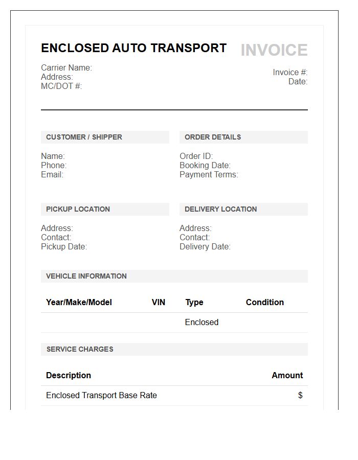 Enclosed Auto Transport Carrier Invoice Template