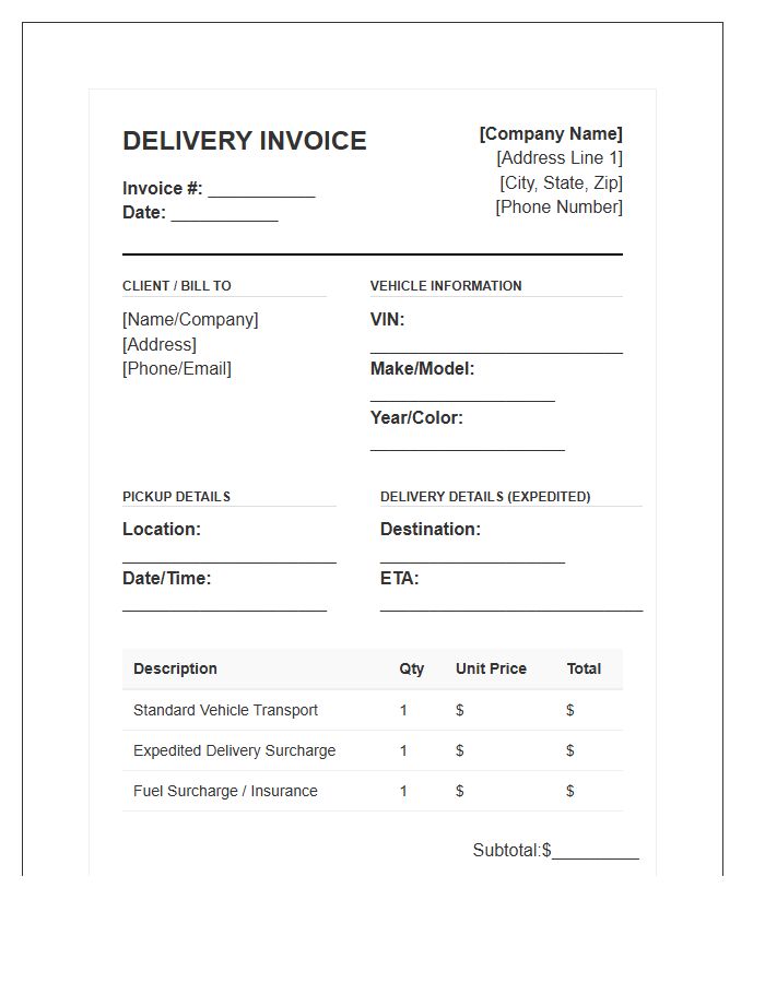 Expedited Vehicle Delivery Invoice Template