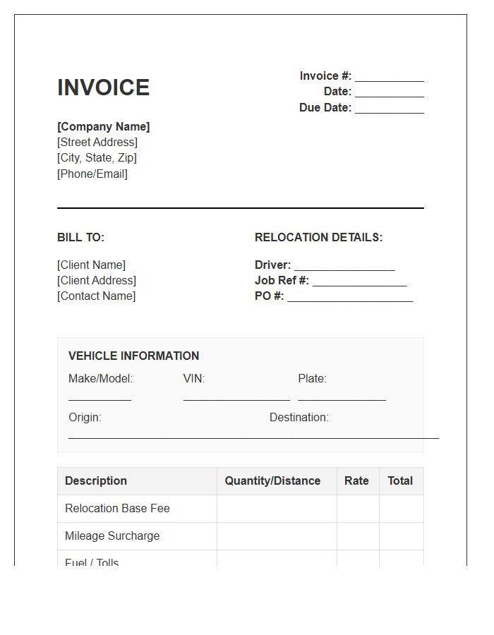 Fleet Vehicle Relocation Invoice Template