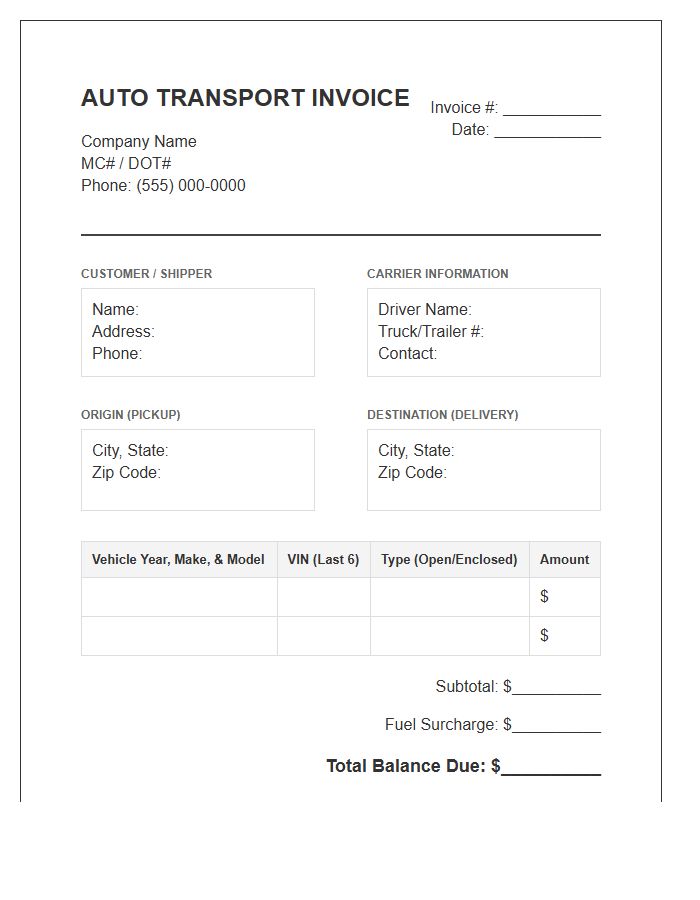 Interstate Auto Transport Invoice Template