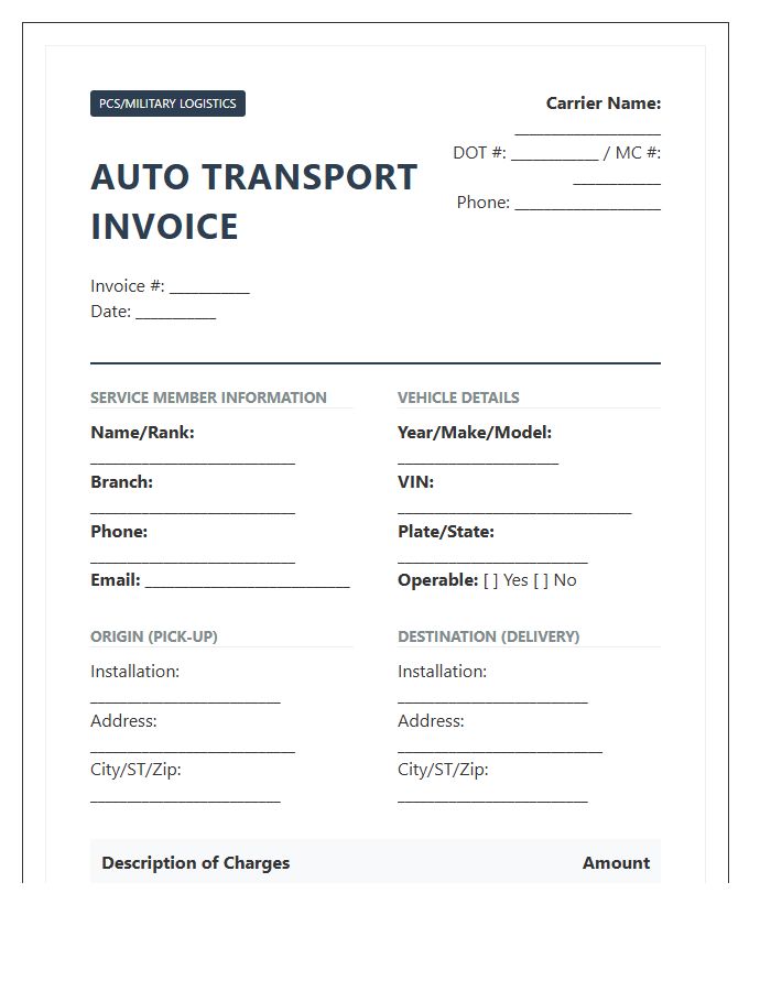 Military Car Shipping Invoice Template