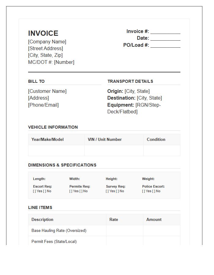 Oversized Vehicle Transport Invoice Template