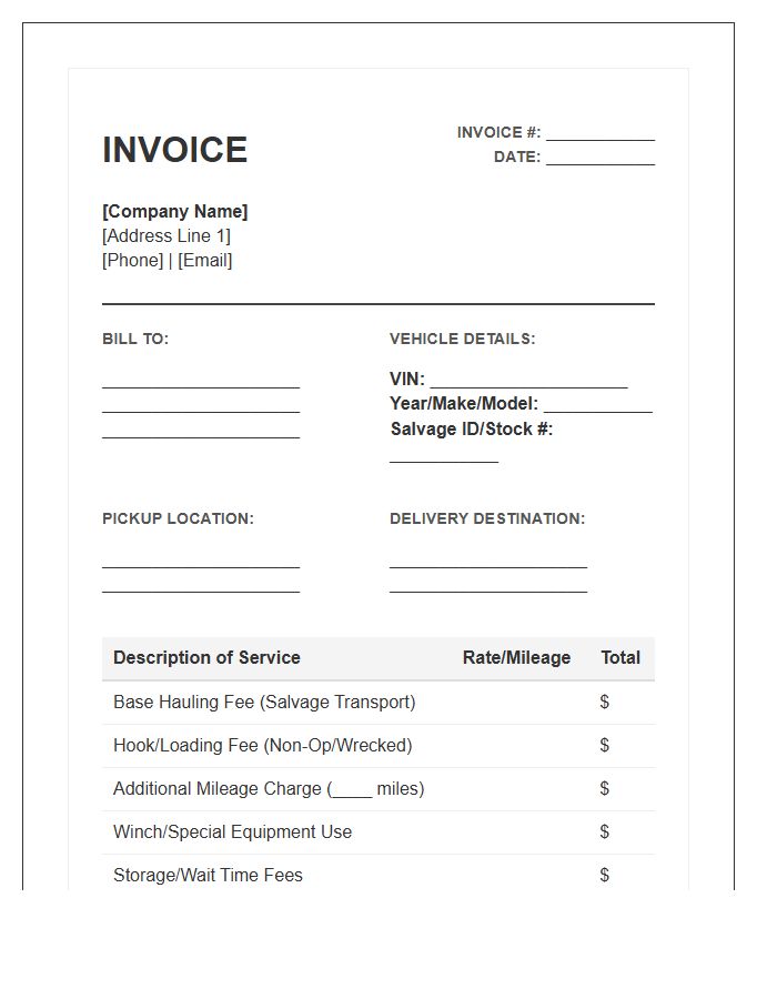 Salvage Car Hauling Invoice Template