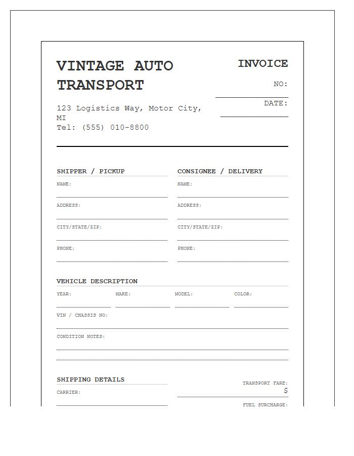 Vintage Auto Transport Invoice Template