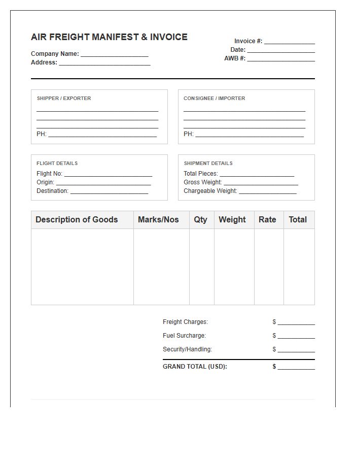 Commercial Air Freight Manifest Invoice Template