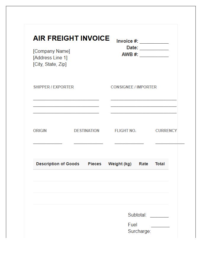 Commercial Air Freight Shipping Invoice Template
