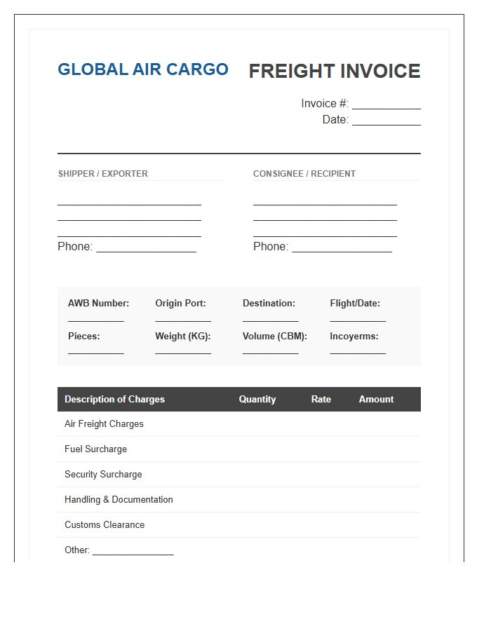Corporate Air Cargo Freight Invoice Template