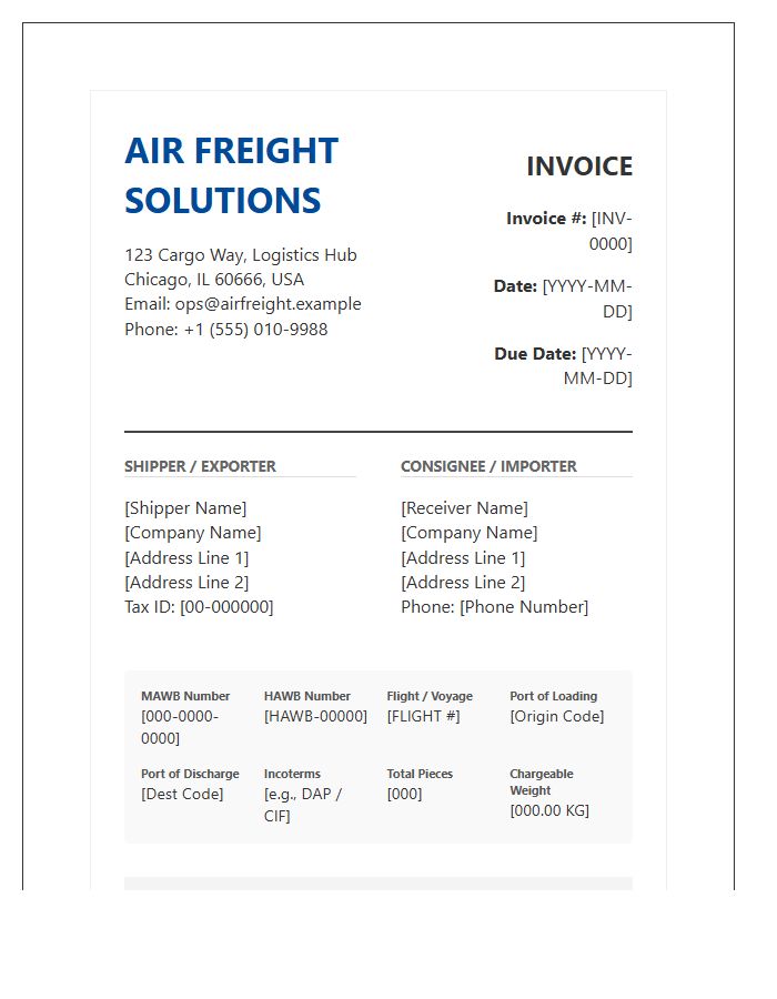 Detailed Air Freight Logistics Invoice Template