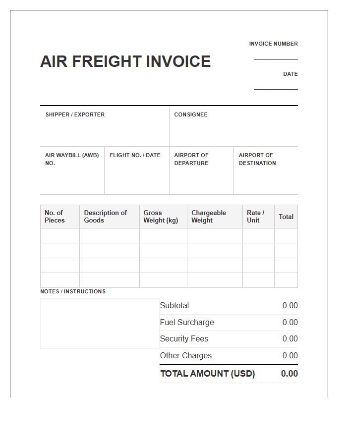Export Cargo Air Freight Invoice Template