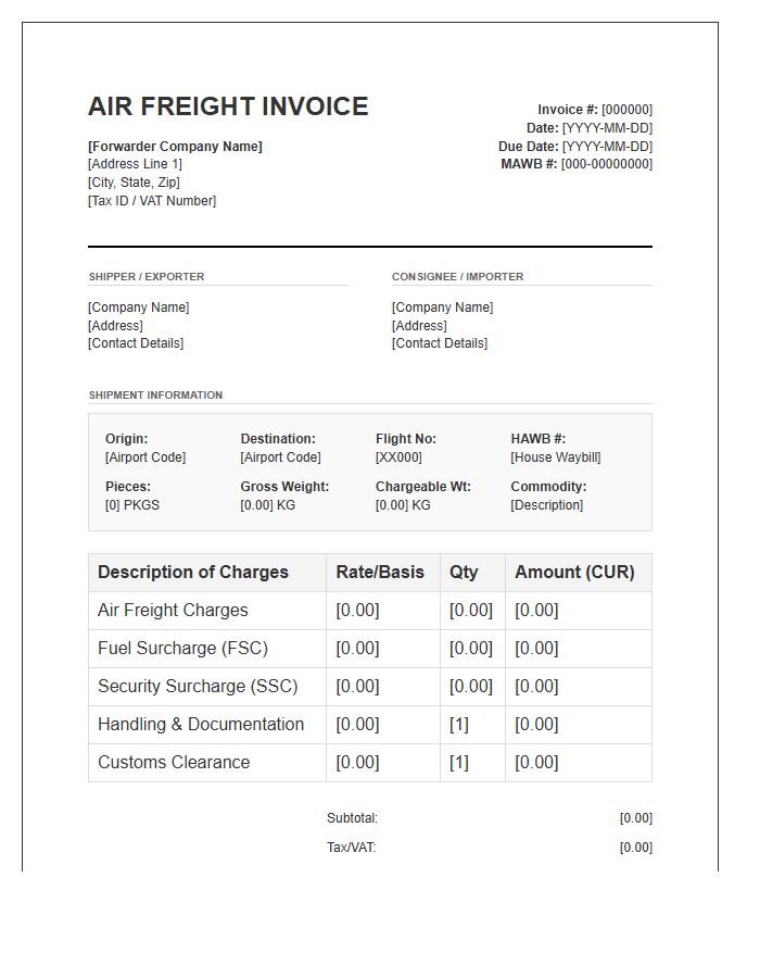 Freight Forwarder Air Cargo Invoice Template