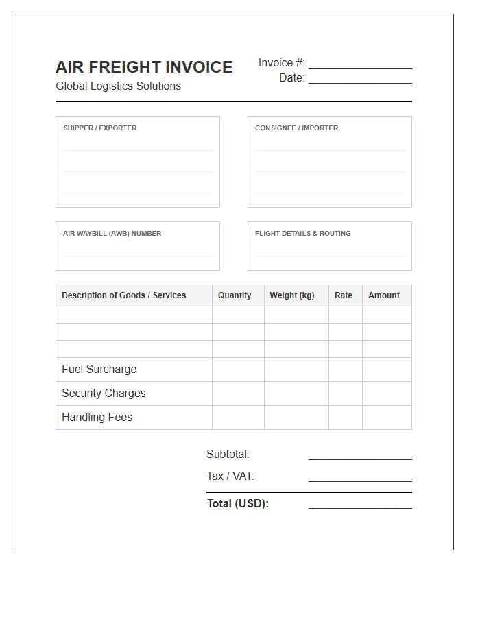 Global Logistics Air Freight Invoice Template