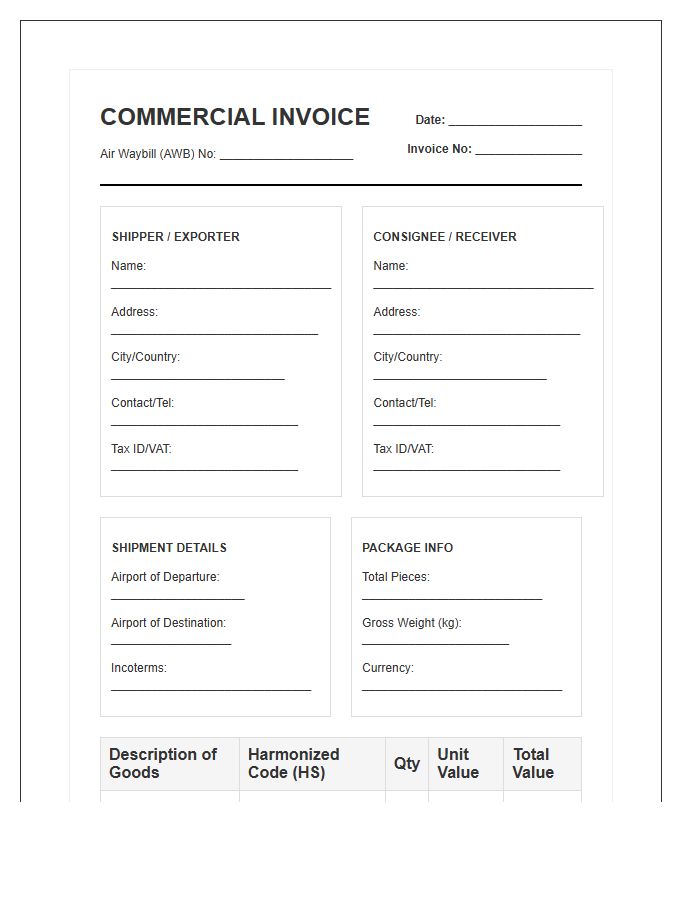 International Air Cargo Shipping Invoice Template