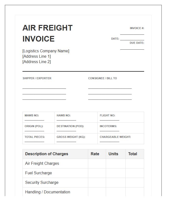 Logistics Provider Air Freight Invoice Template