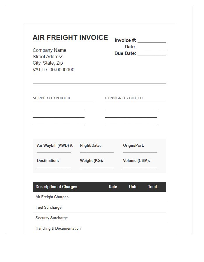 Official Air Freight Billing Invoice Template