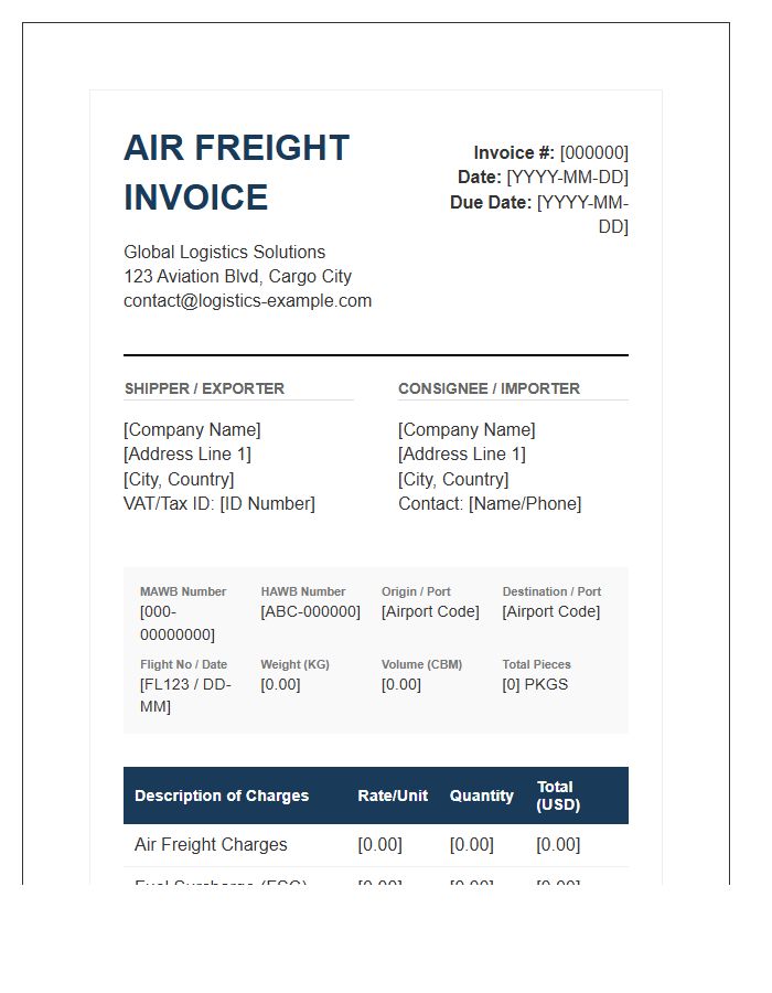 Professional Air Cargo Freight Invoice Template