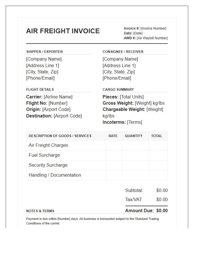 Regional Air Freight Cargo Invoice Template