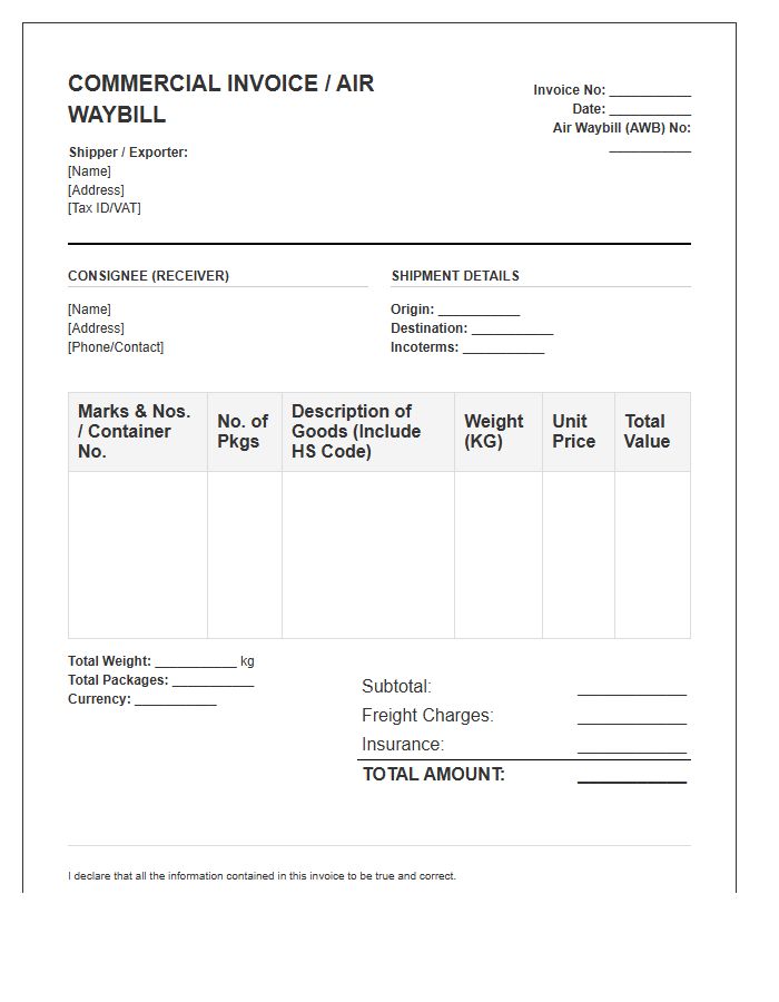 Standard Commercial Air Freight Invoice Template