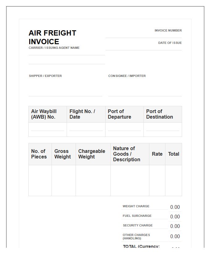 Standardized Air Cargo Freight Invoice Template