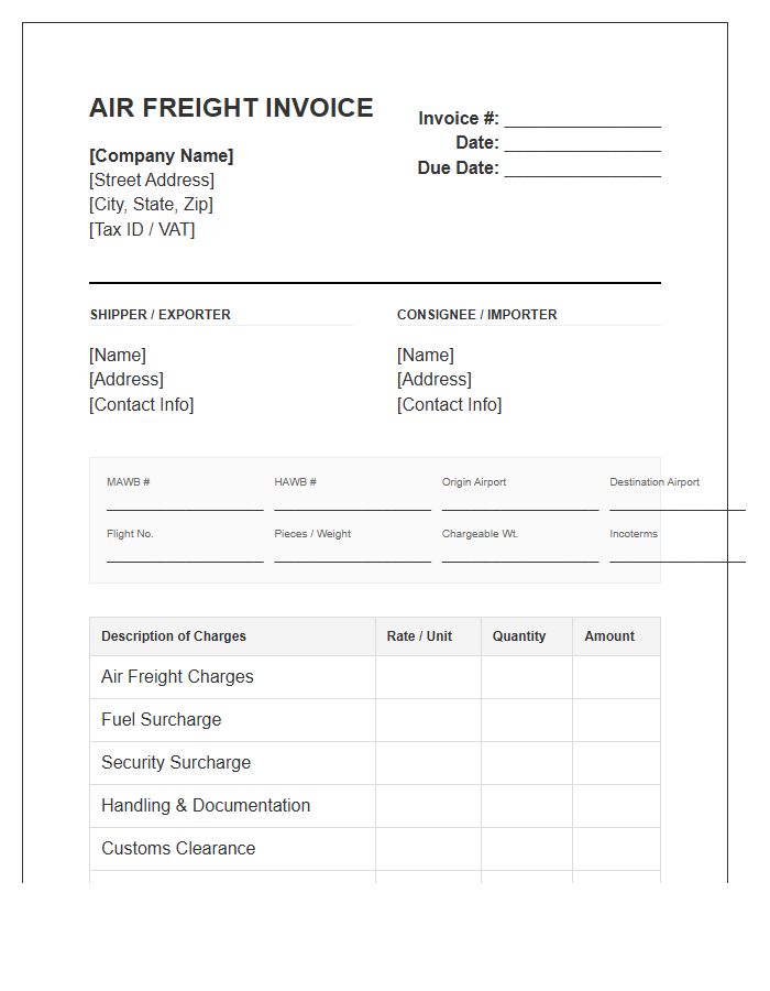 Supply Chain Air Freight Invoice Template