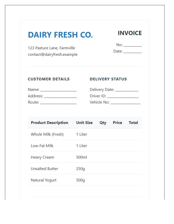 Dairy Product Delivery Invoice Template