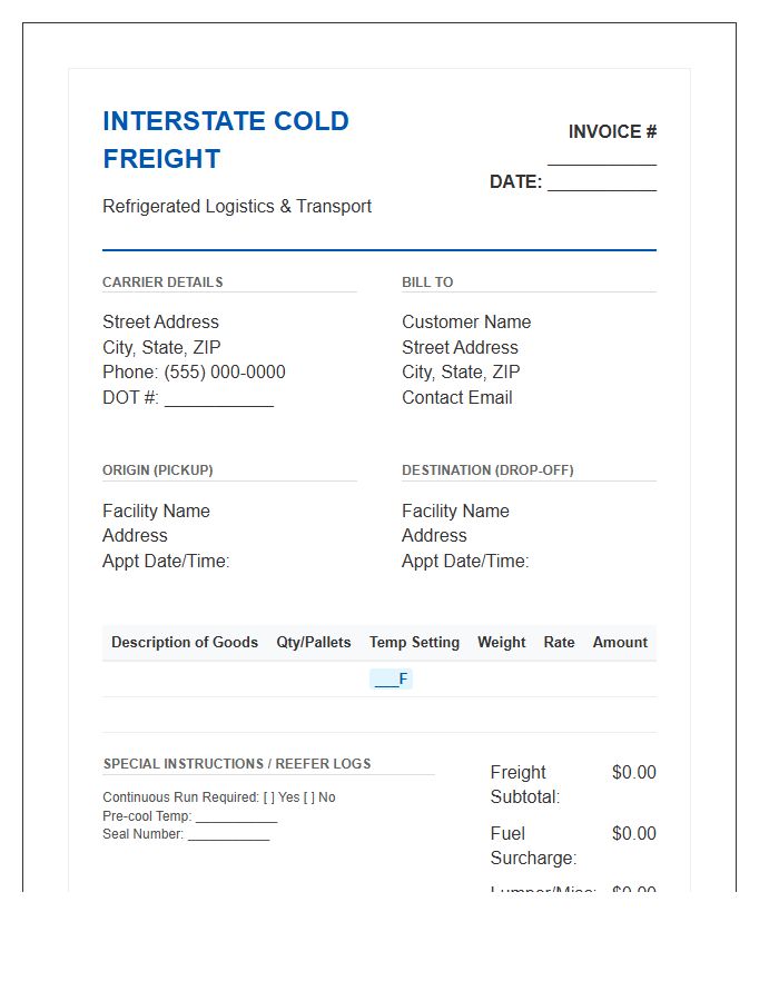 Interstate Cold Freight Invoice Template