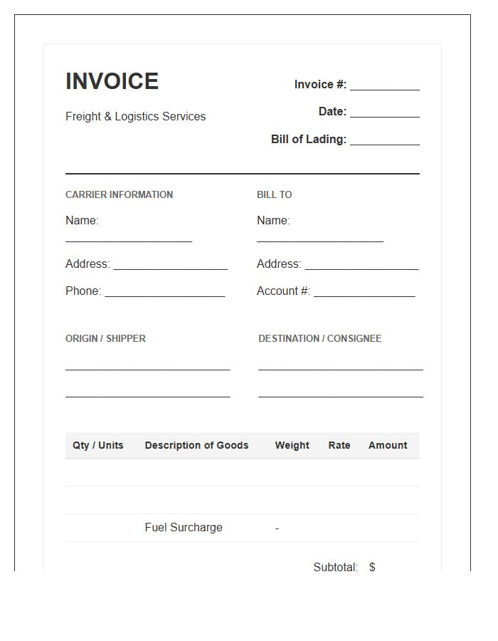 Produce Freight Billing Invoice Template