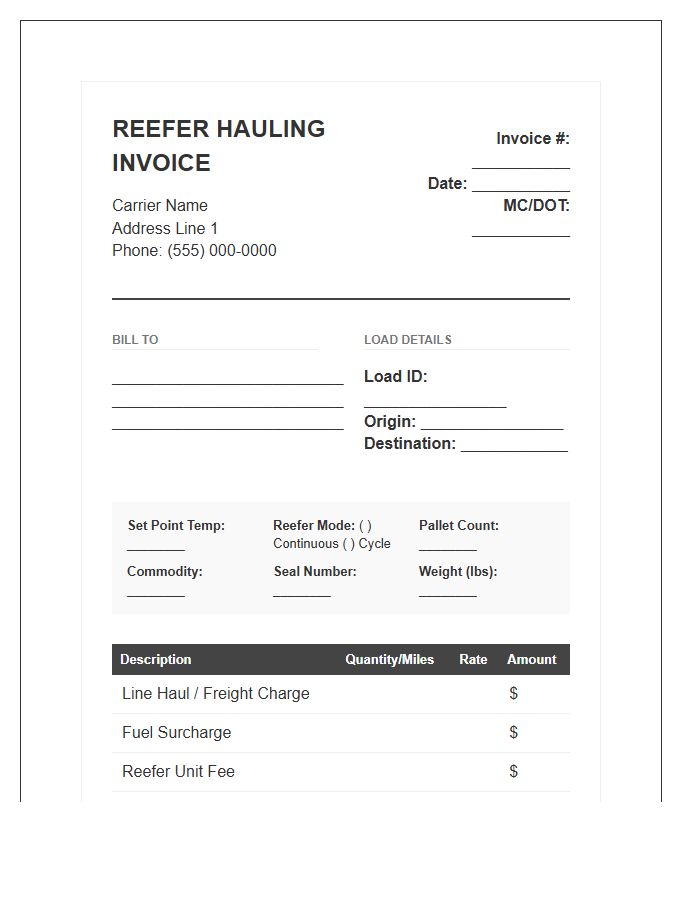 Reefer Truck Hauling Invoice Template