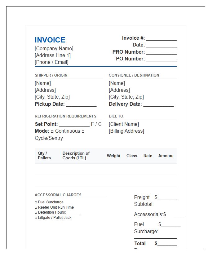 Refrigerated LTL Trucking Invoice Template