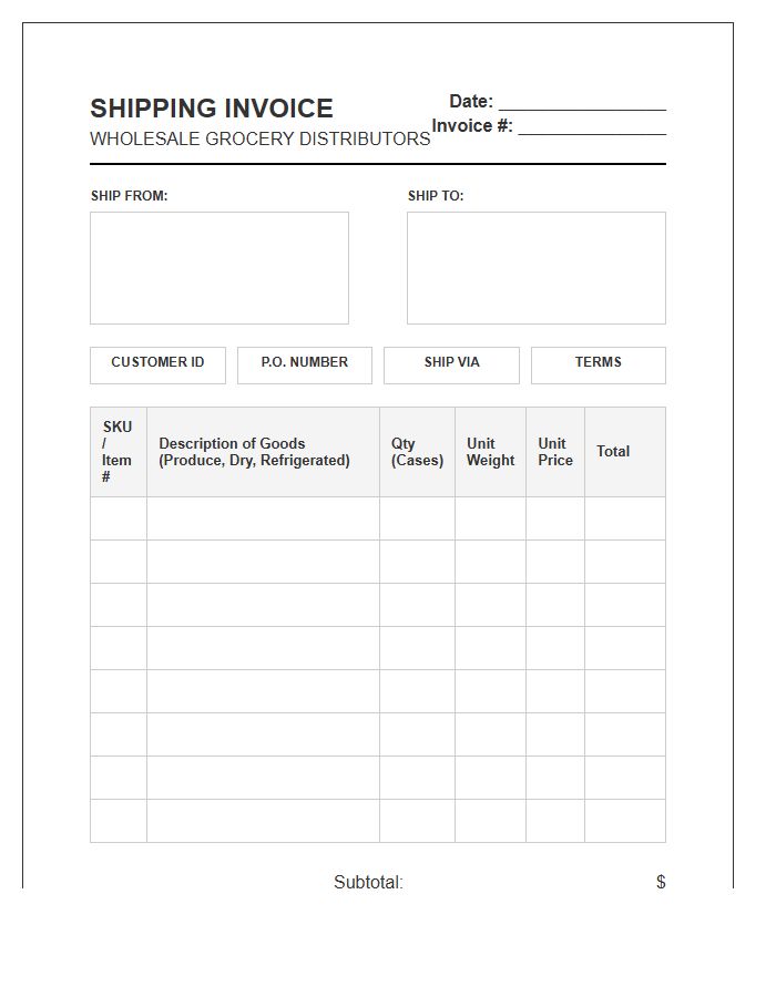 Wholesale Grocery Shipping Invoice Template