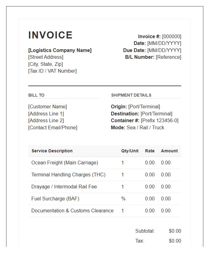 Commercial Intermodal Transport Logistics Invoice Template