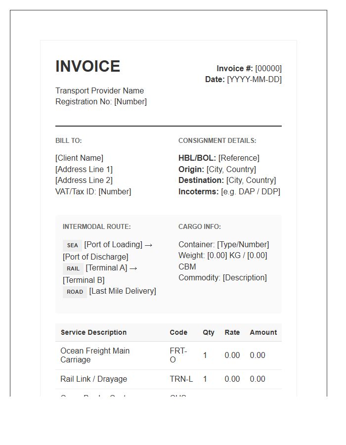 Cross Border Intermodal Transport Invoice Template