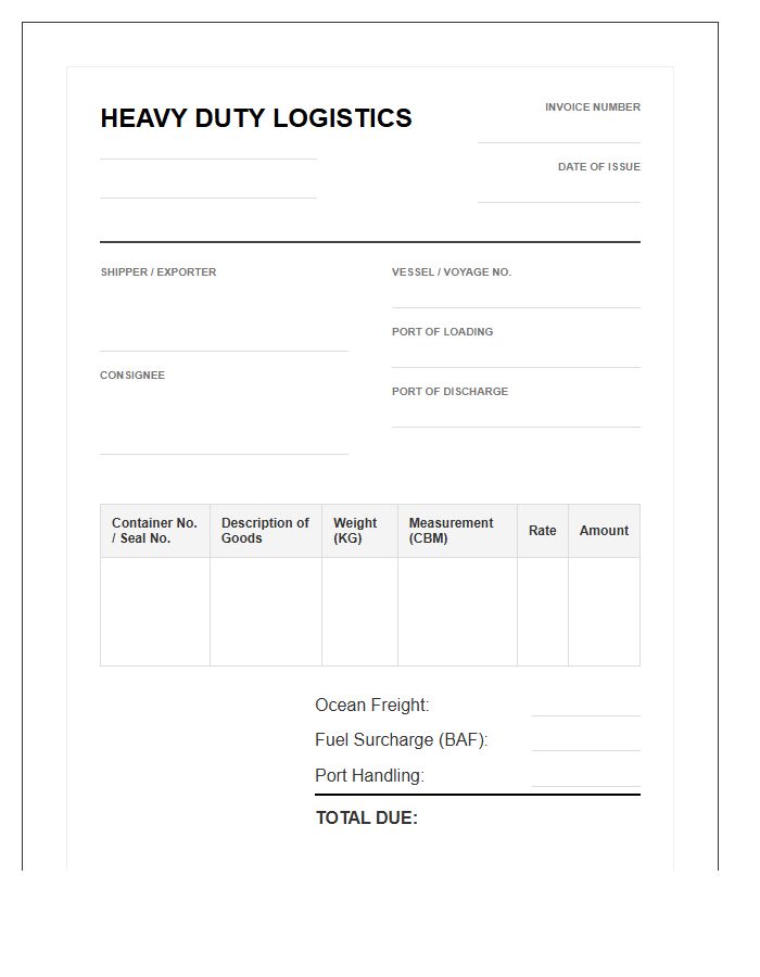 Heavy Duty Container Shipping Invoice Template