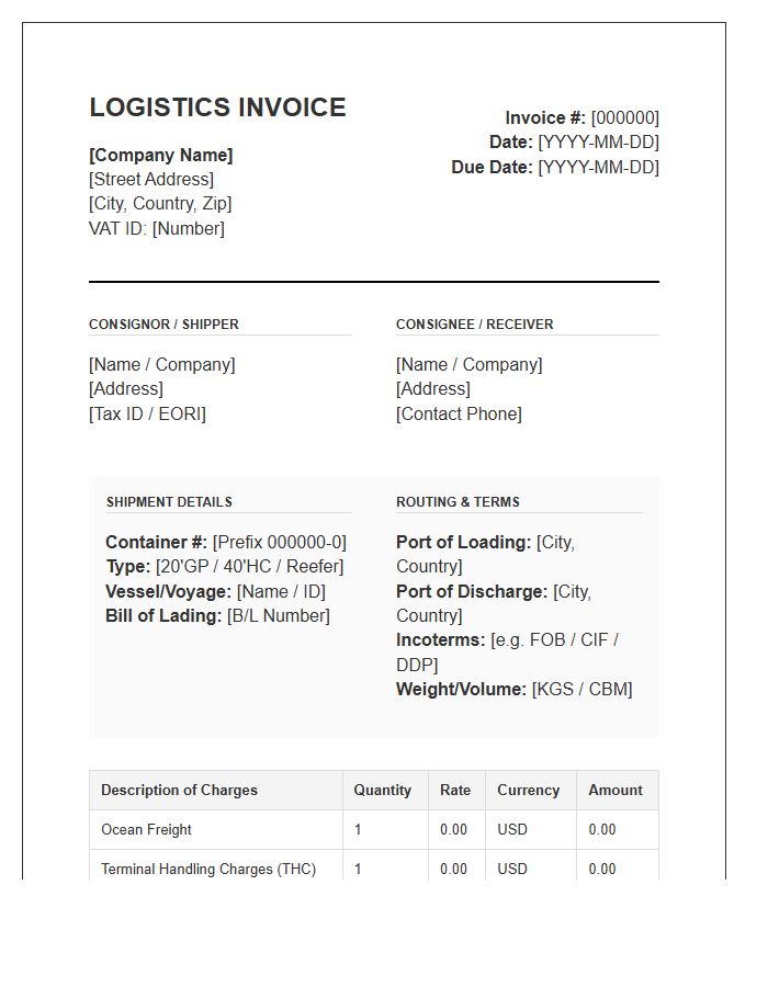 International Shipping Container Logistics Invoice Template