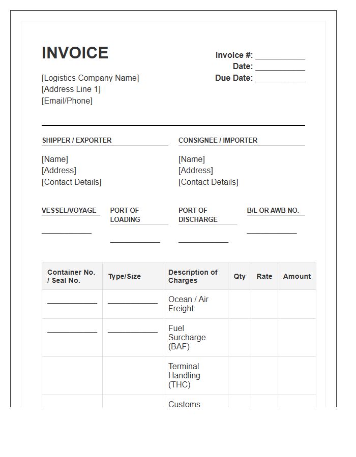 Multi Modal Container Freight Invoice Template