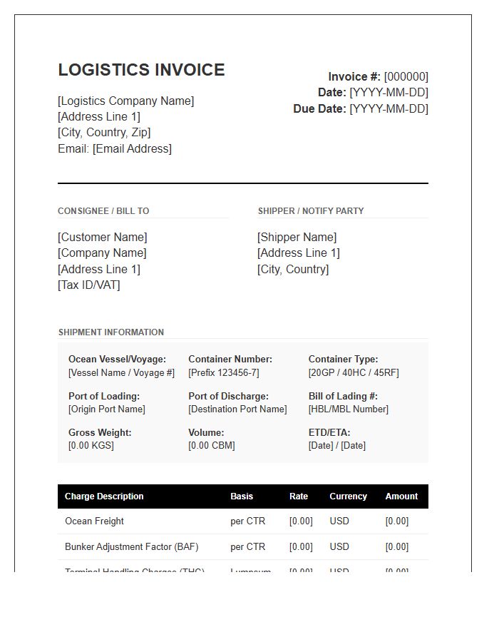 Ocean Container Logistics Billing Invoice Template
