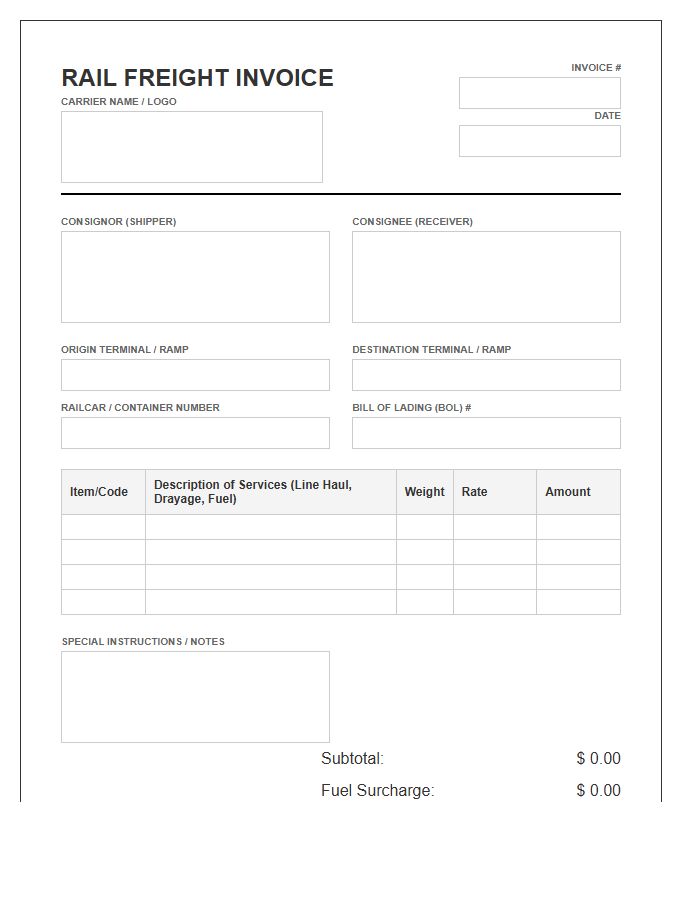 Rail Freight Intermodal Shipping Invoice Template