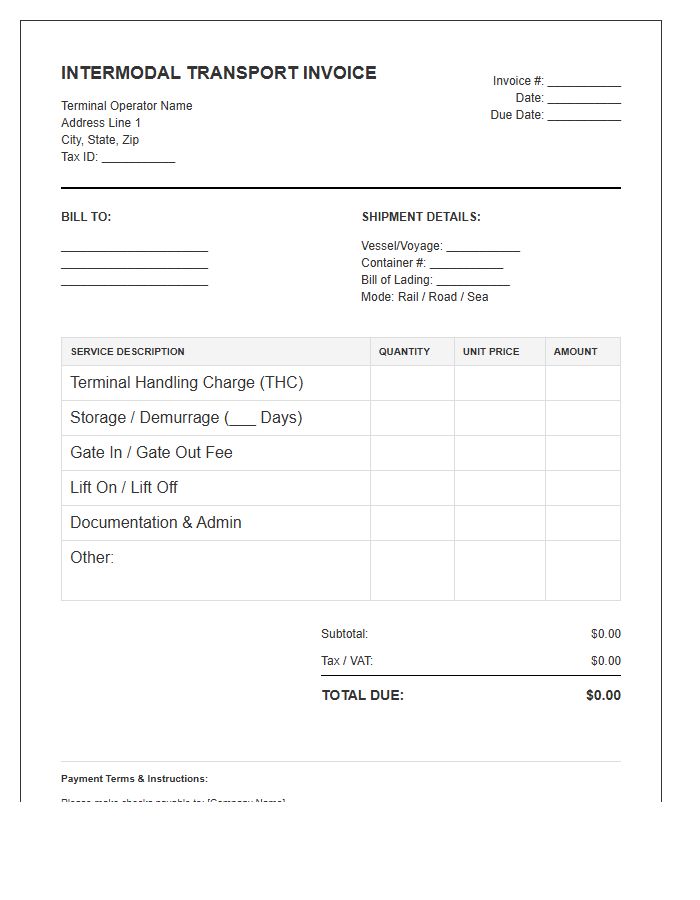 Terminal Handling Intermodal Transport Invoice Template