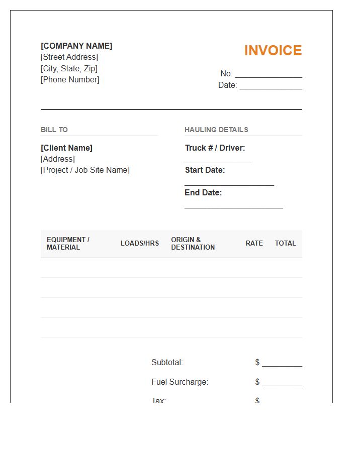 Construction Equipment Trucking Invoice Template